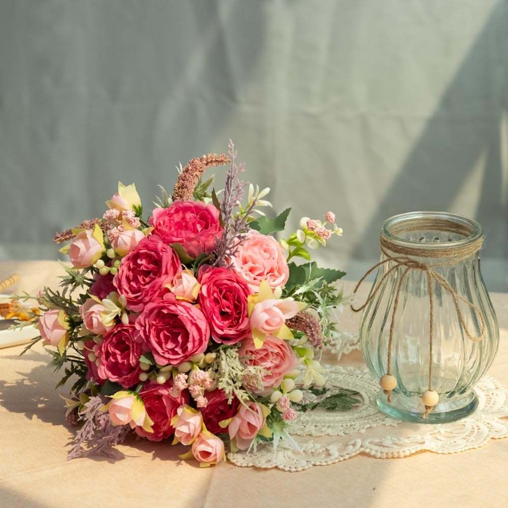 Artificial Peonies Silk Flowers in Glass Vase Faux Flowers Bouquets Modern Penoy Arrangement 4 Pack for Home Decoration Table Centerpiece (Pink)