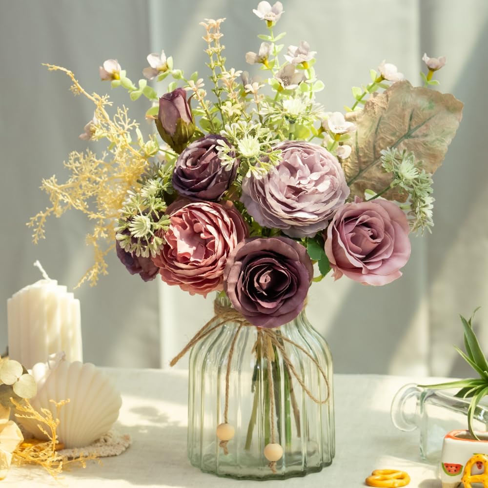 LESING Fake Artificial Flowers with Vase Faux Silk Flower Bouquet in Glass Vase Rose Floral Arrangements Flower for Home Office Decoration, Dining Table Centerpiece (Red)