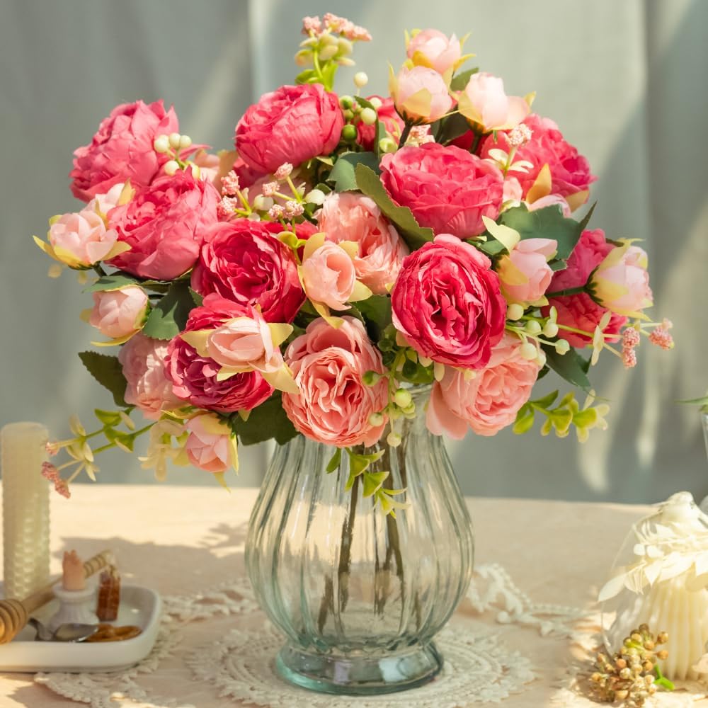 Artificial Peonies Silk Flowers in Glass Vase Faux Flowers Bouquets Modern Penoy Arrangement 4 Pack for Home Decoration Table Centerpiece (Pink)