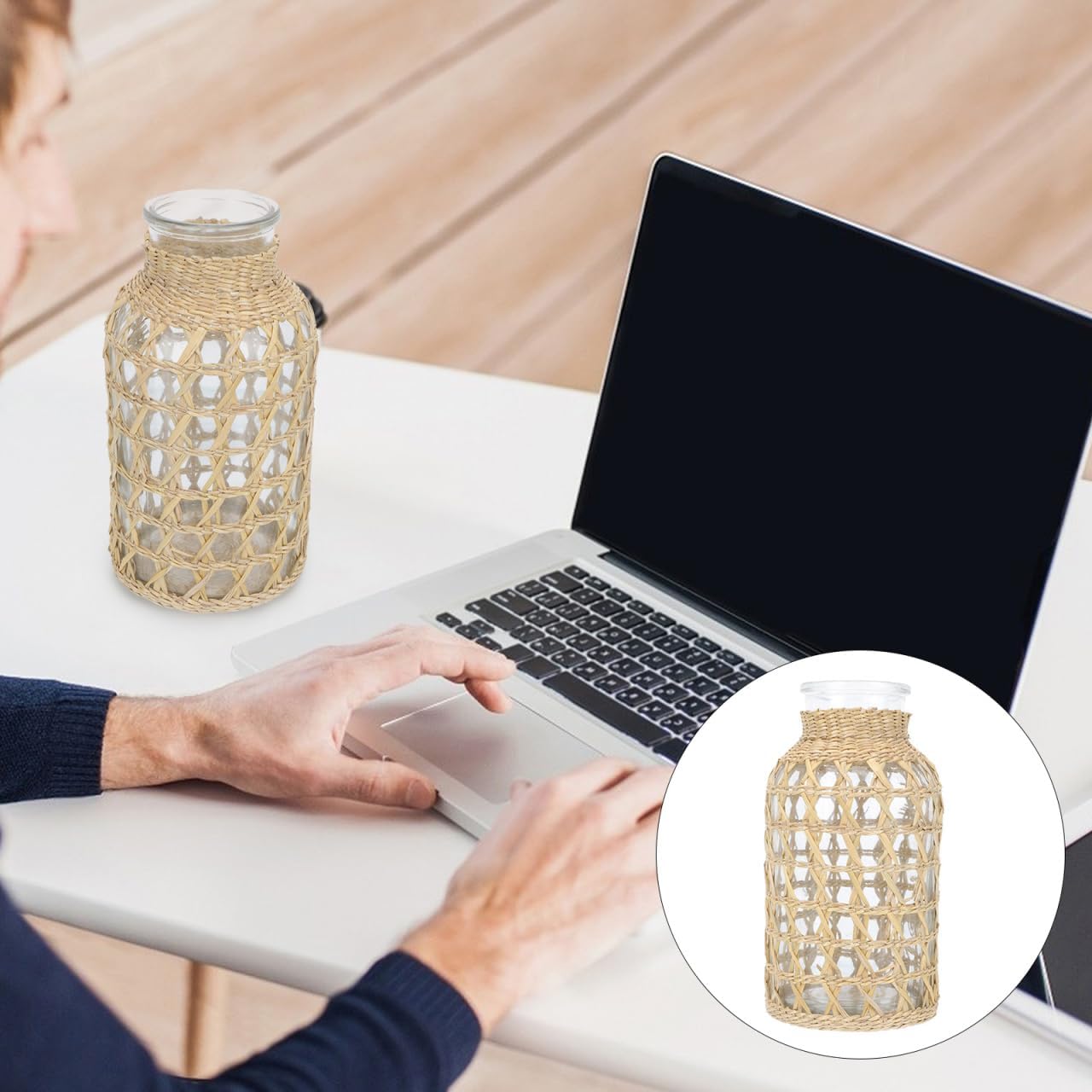 Round Glass Vase Glass Flower Vase Rattan Woven Dried Flower Vase Rustic Flower Bottle Floral Arrangement Holder Floral Container for Home Table Centerpiece Party Decor L Rustic Table Decor