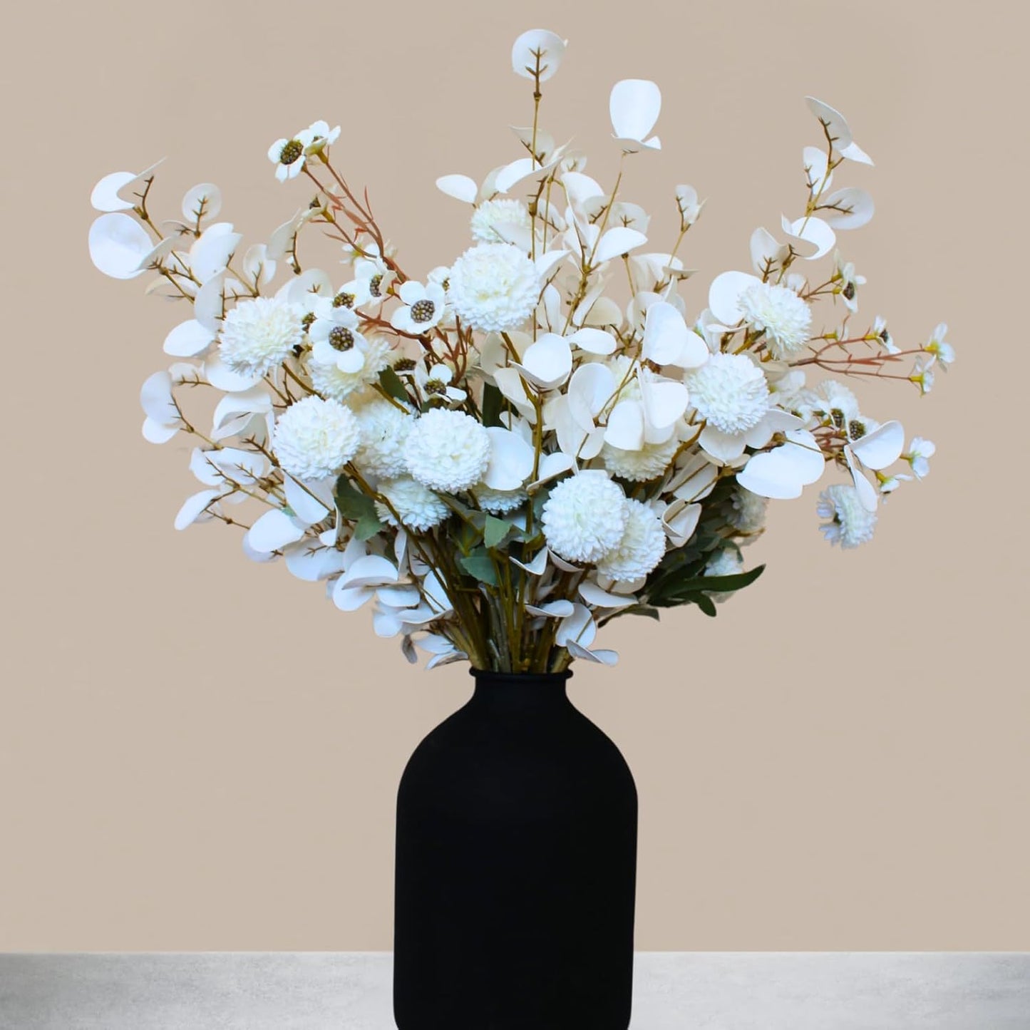 Artificial Silk Flowers Beige 10 Stems + Eucalyptus, Faux Flowers For Vase, Fake Mums Long Stem, Tan Nude Cream Neutral Floral, Chrysanthemum Pom Pom Floral Arrangements, Mini Faux Mums Flower Bulk