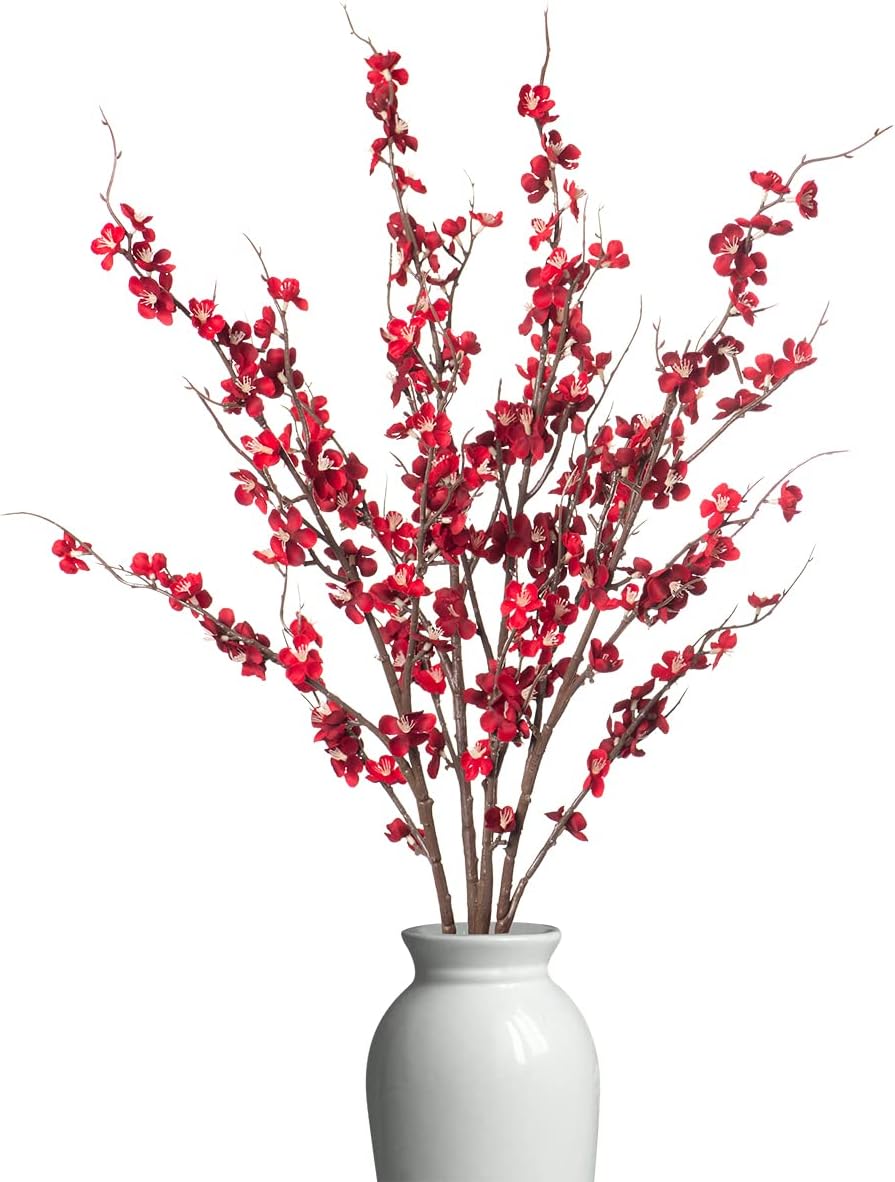 4Pcs Cherry Blossom Branches Artificial Flowers for Spring Summer Indoor Decoration,Faux Long Stem Artificial Flowers for Wedding Home Office Bedroom Party Table Centerpieces Decor(White)