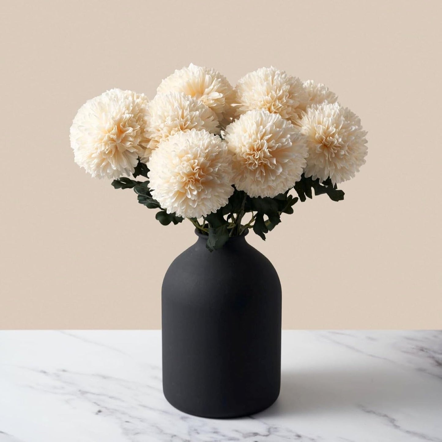 Artificial Silk Flowers Beige 10 Stems + Eucalyptus, Faux Flowers For Vase, Fake Mums Long Stem, Tan Nude Cream Neutral Floral, Chrysanthemum Pom Pom Floral Arrangements, Mini Faux Mums Flower Bulk