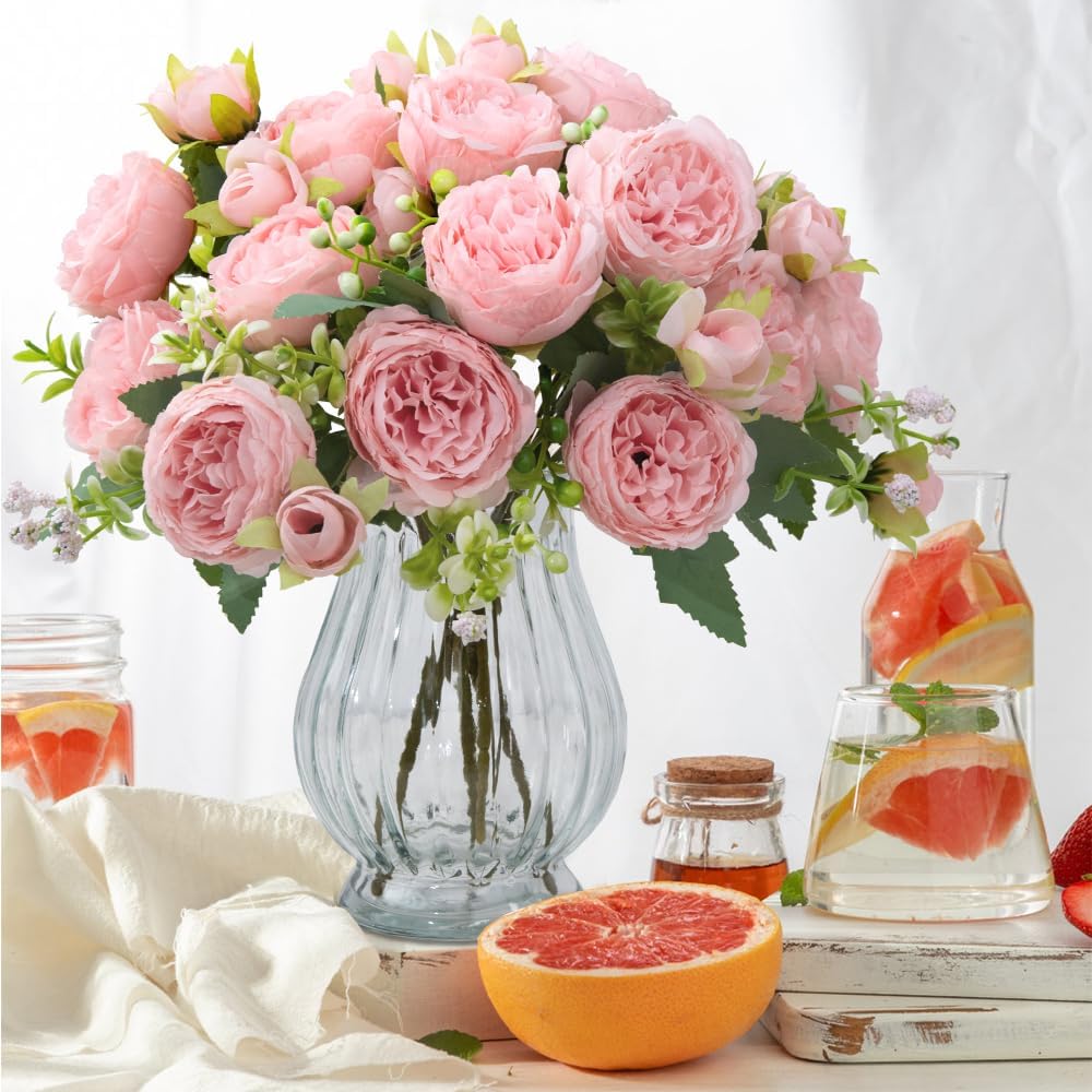 Artificial Peonies Silk Flowers in Glass Vase Faux Flowers Bouquets Modern Penoy Arrangement 4 Pack for Home Decoration Table Centerpiece (Pink)
