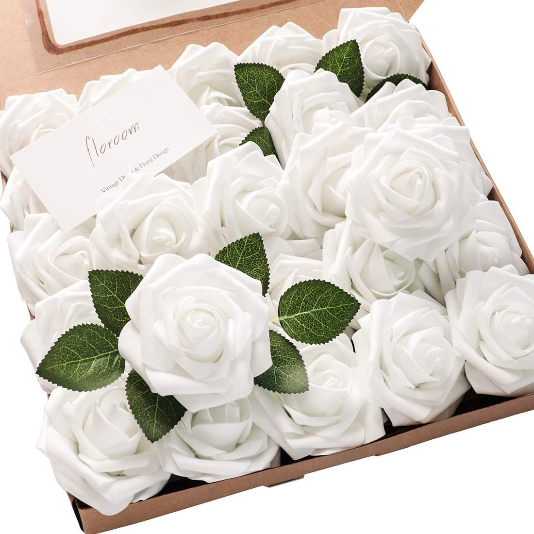 Floroom Artificial Flowers 50pcs Real Looking Ivory Foam Fake Roses with Stems for DIY Wedding Bouquets White Baby Shower Centerpieces Floral Arrangements Party Tables Home Decorations