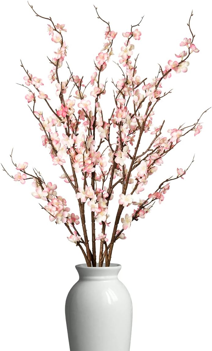 4Pcs Cherry Blossom Branches Artificial Flowers for Spring Summer Indoor Decoration,Faux Long Stem Artificial Flowers for Wedding Home Office Bedroom Party Table Centerpieces Decor(White)