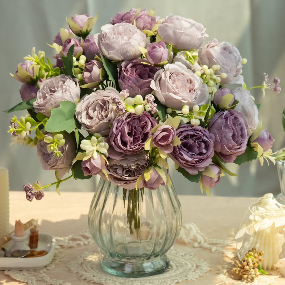 Artificial Peonies Silk Flowers in Glass Vase Faux Flowers Bouquets Modern Penoy Arrangement 4 Pack for Home Decoration Table Centerpiece (Pink)