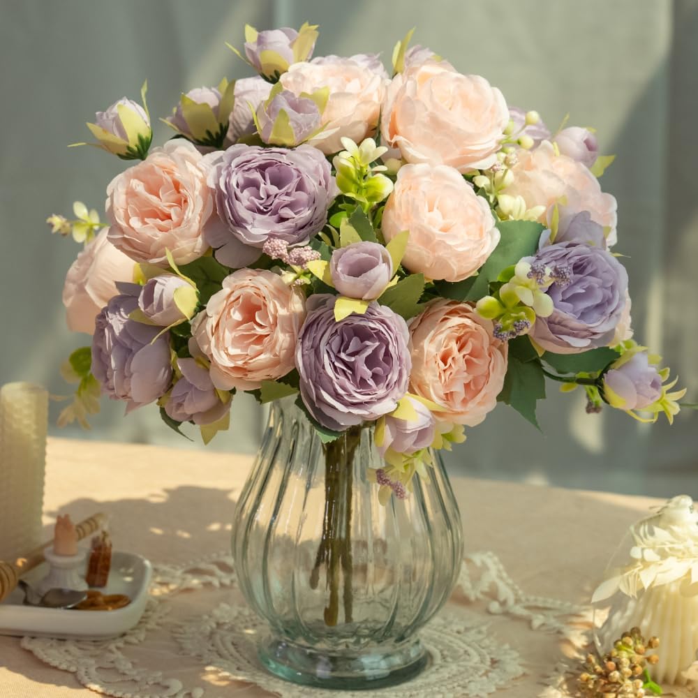 Artificial Peonies Silk Flowers in Glass Vase Faux Flowers Bouquets Modern Penoy Arrangement 4 Pack for Home Decoration Table Centerpiece (Pink)