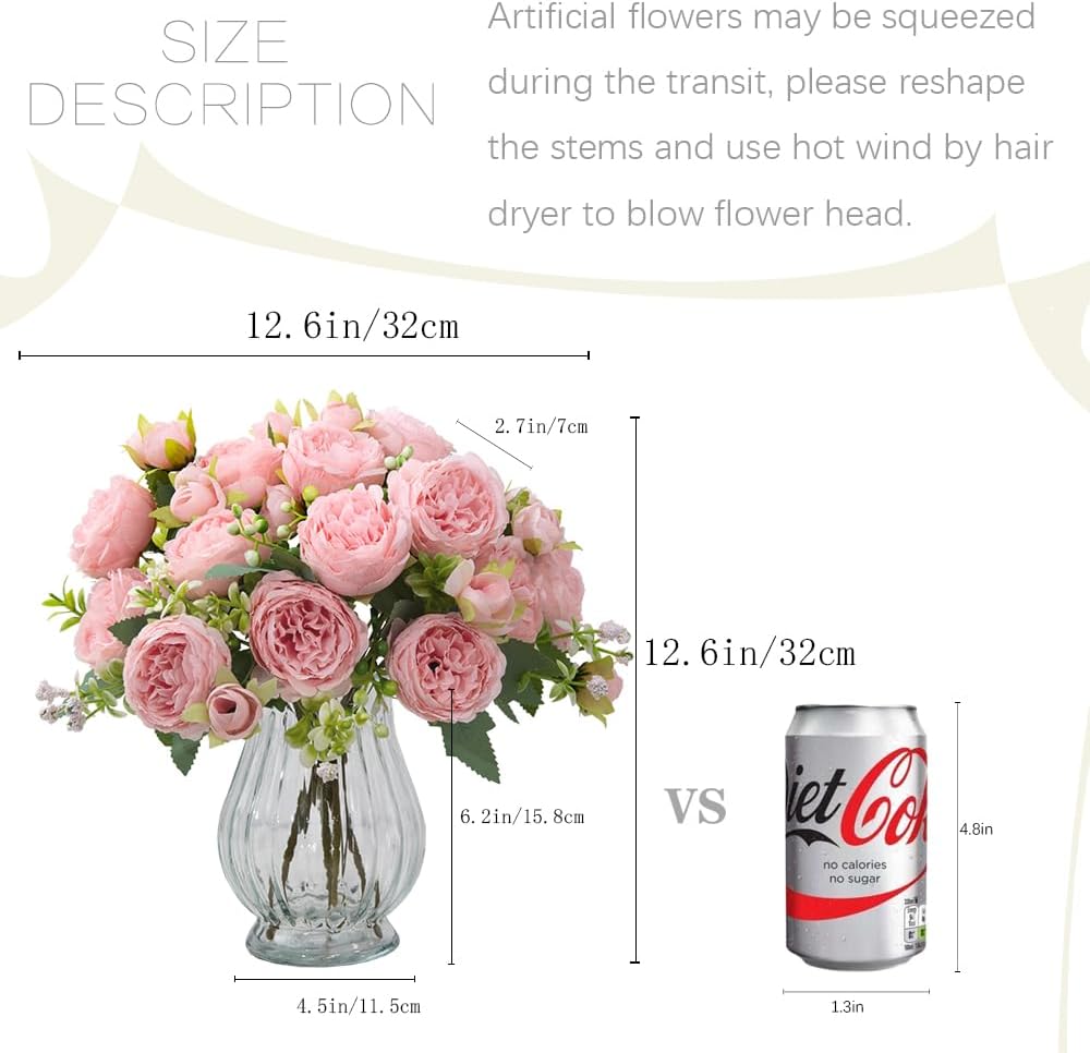 Artificial Peonies Silk Flowers in Glass Vase Faux Flowers Bouquets Modern Penoy Arrangement 4 Pack for Home Decoration Table Centerpiece (Pink)