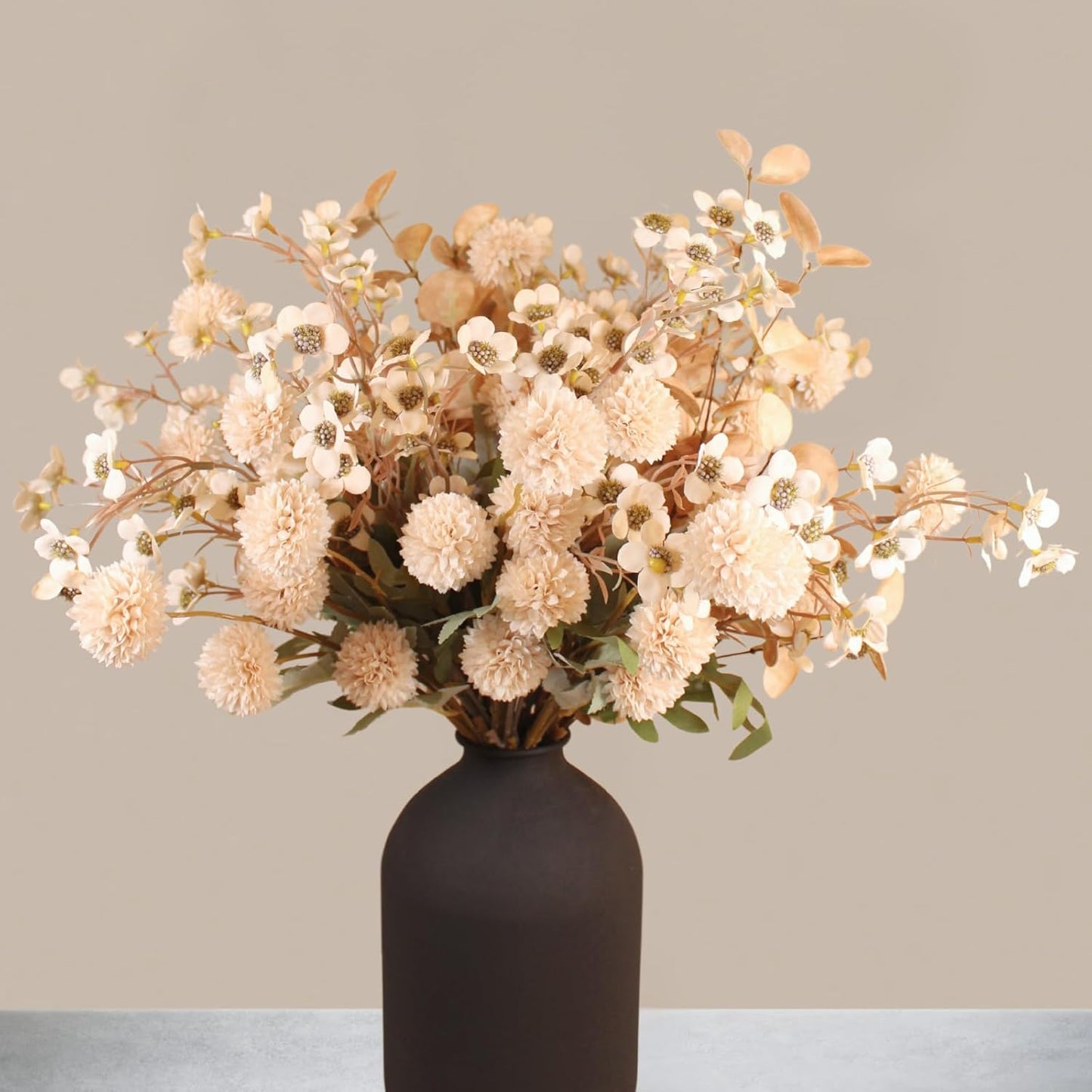 Artificial Silk Flowers Beige 10 Stems + Eucalyptus, Faux Flowers For Vase, Fake Mums Long Stem, Tan Nude Cream Neutral Floral, Chrysanthemum Pom Pom Floral Arrangements, Mini Faux Mums Flower Bulk