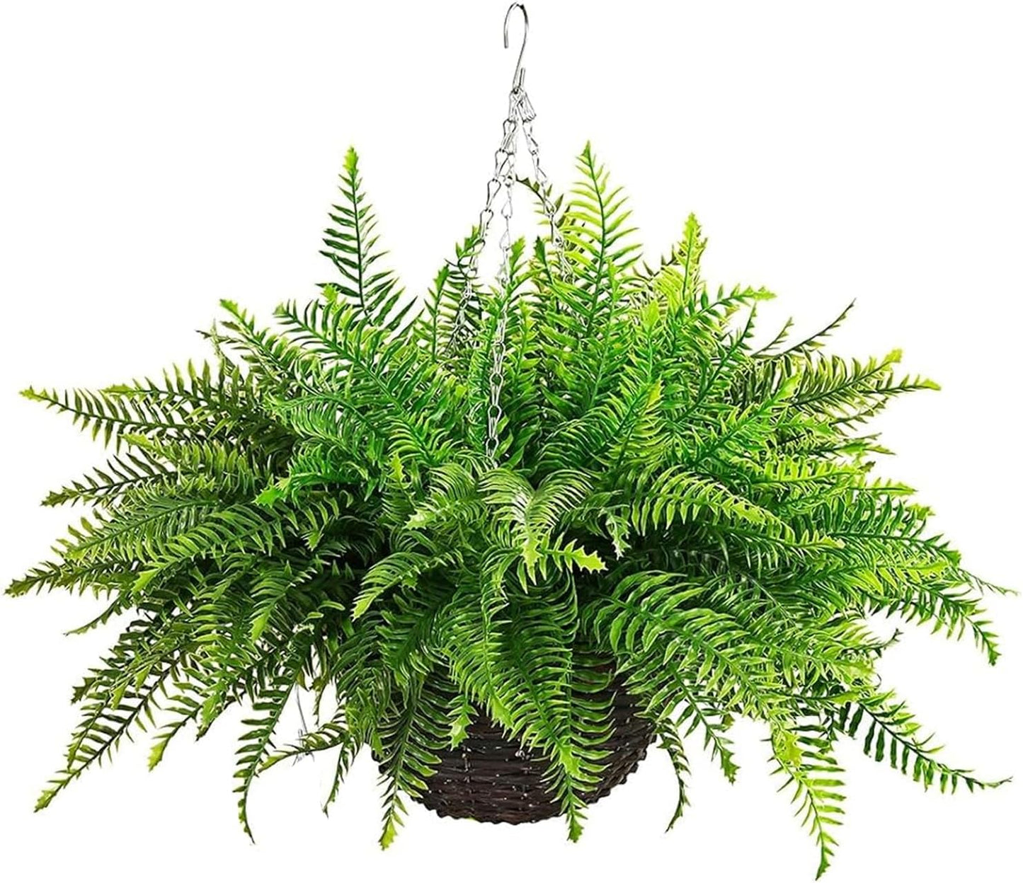 QIANYUN Fake Fern Outdoor Artificial Plants-2-Pack Artificial Outdoor Hanging Fern Faux Greenery UV Resistant Plastic Plants for Front Porch Living Room Garden Decor- Including Hanging Planters