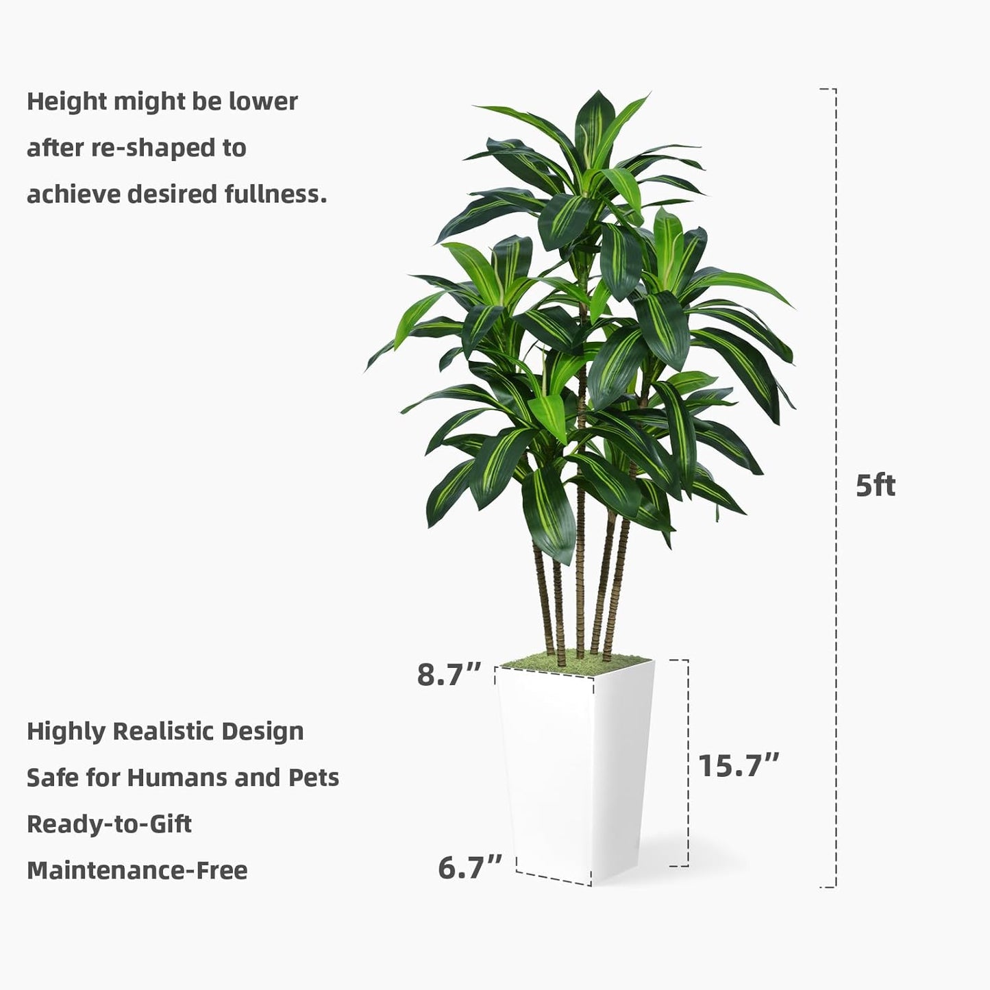 Artificial Dracaena Tree 5FT - Faux Tree with White Tall Planter - Fake Tropical Yucca Floor Plant in Pot - Artificial Silk Tree for Home Office Living Room Decor Indoor