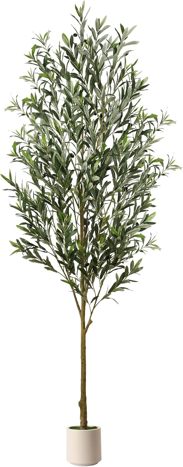 6FT Artificial Olive Trees, Faux Silk Plant with Lively Artifical Trunk and Lifelike Fruits, Indoor Fake Potted Tree with White Planter for Modern Home Office Living Room Decor