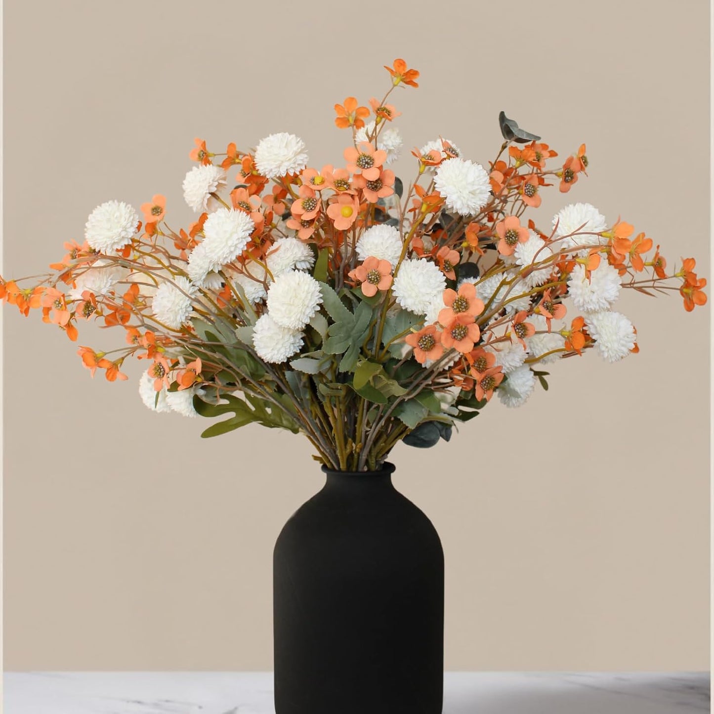 Artificial Silk Flowers Beige 10 Stems + Eucalyptus, Faux Flowers For Vase, Fake Mums Long Stem, Tan Nude Cream Neutral Floral, Chrysanthemum Pom Pom Floral Arrangements, Mini Faux Mums Flower Bulk