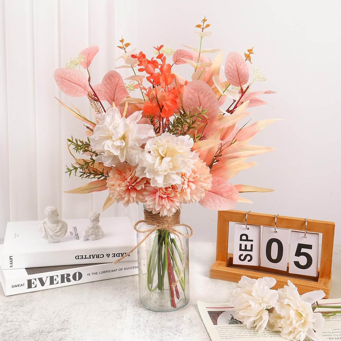 Fake Flowers in Vase Artificial Flowers Coffee Table Decor, Faux Flowers in Vase, Flower Arrangements Artificial Plants Silk Flowers for Home Decor Indoor Centerpiece Table Decorations (Blue White)