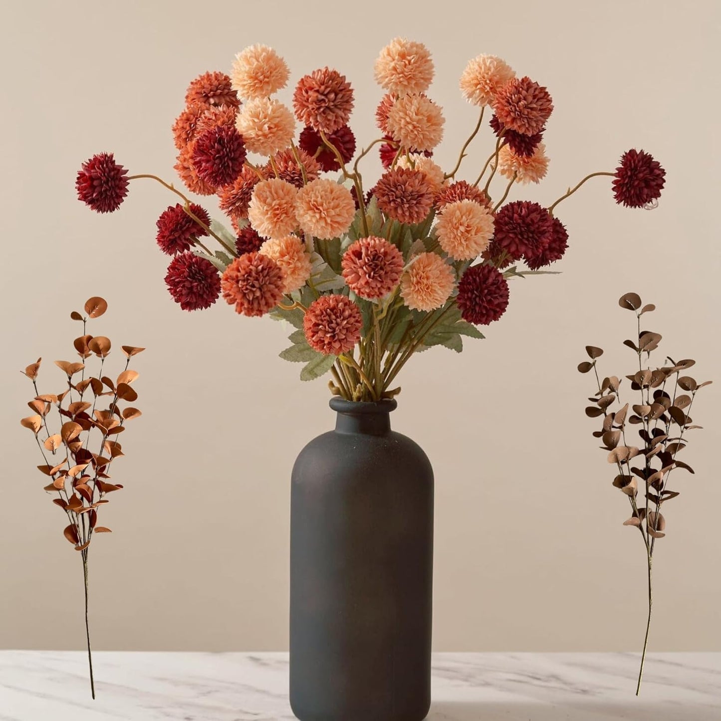 Artificial Silk Flowers Beige 10 Stems + Eucalyptus, Faux Flowers For Vase, Fake Mums Long Stem, Tan Nude Cream Neutral Floral, Chrysanthemum Pom Pom Floral Arrangements, Mini Faux Mums Flower Bulk