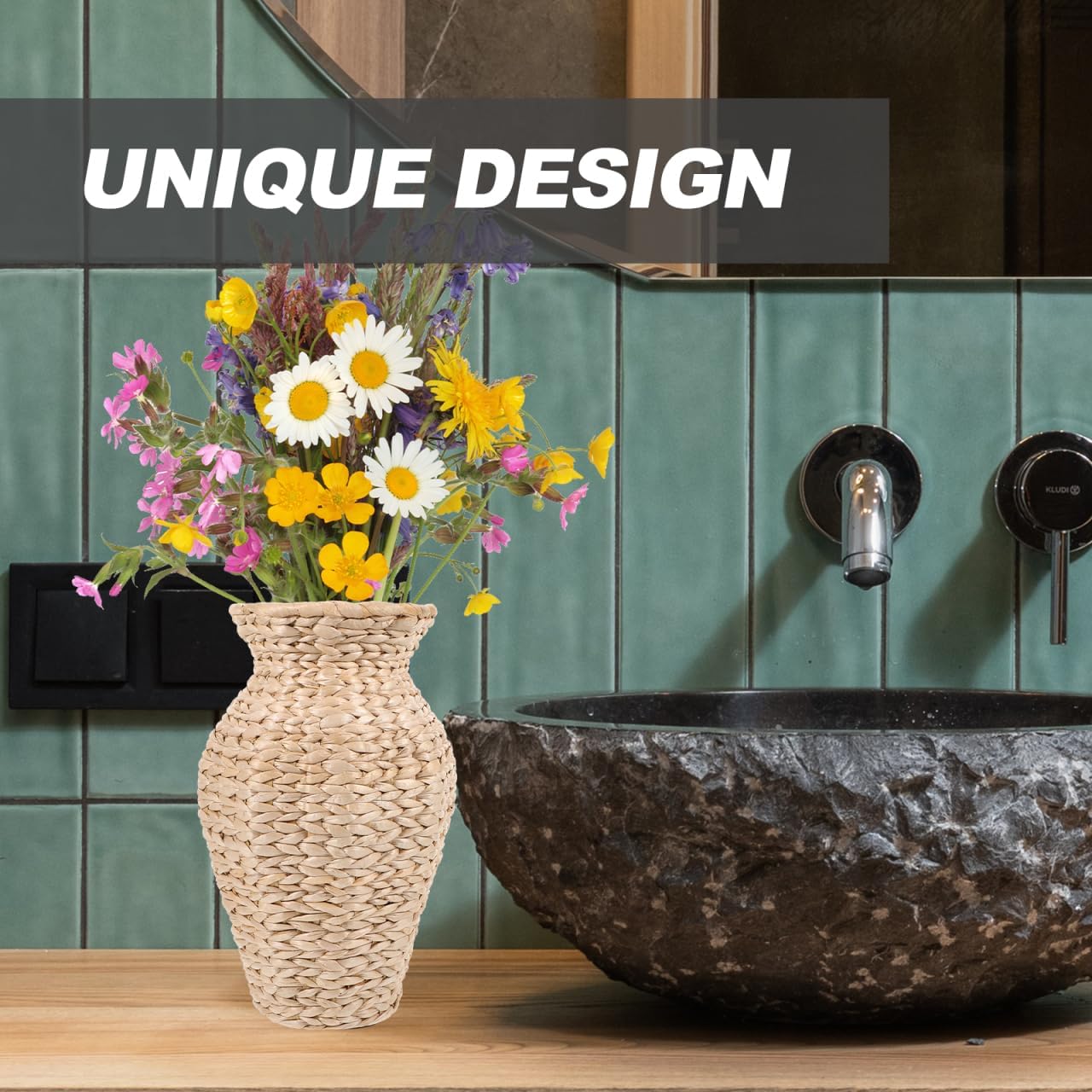 Amosfun Rattan Vase Country Rustic Style Wicker Flower Vase Handmade Woven Basket Tall Plant Container for Home Decor Farmhouse Floral Arrangements, 28.00X17.50X17.50CM, 3CRP17CJMEI3294XI9Z