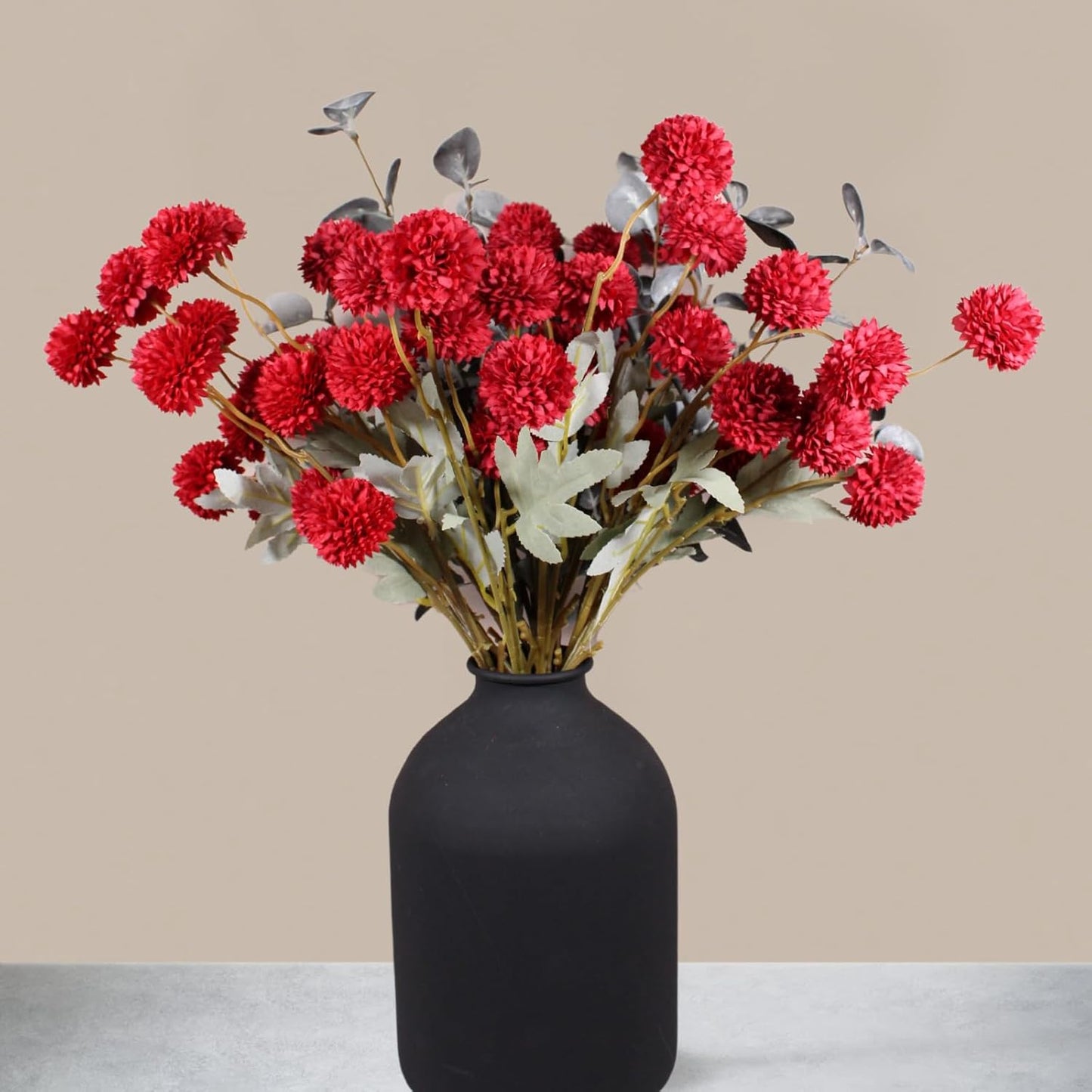 Artificial Silk Flowers Beige 10 Stems + Eucalyptus, Faux Flowers For Vase, Fake Mums Long Stem, Tan Nude Cream Neutral Floral, Chrysanthemum Pom Pom Floral Arrangements, Mini Faux Mums Flower Bulk