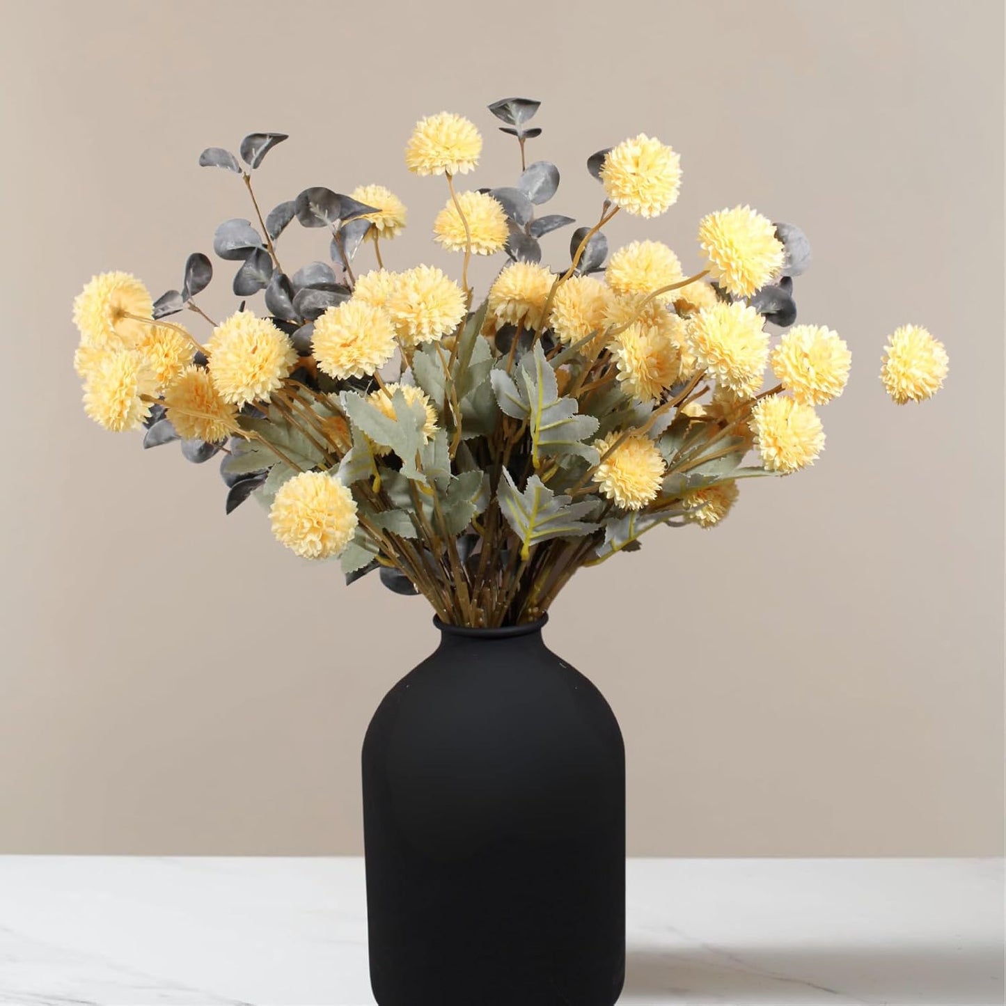 Artificial Silk Flowers Beige 10 Stems + Eucalyptus, Faux Flowers For Vase, Fake Mums Long Stem, Tan Nude Cream Neutral Floral, Chrysanthemum Pom Pom Floral Arrangements, Mini Faux Mums Flower Bulk