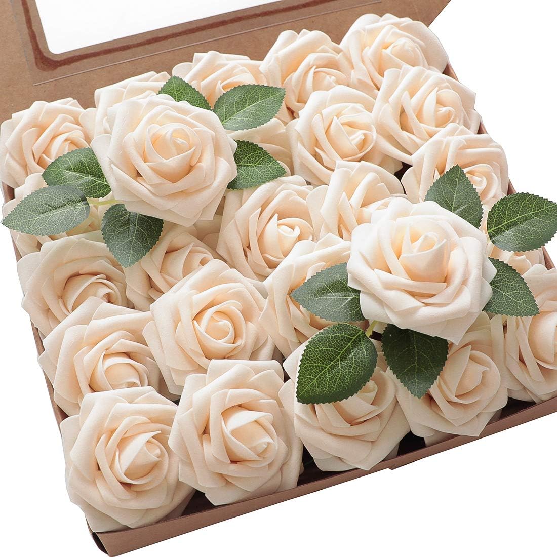 Floroom Artificial Flowers 50pcs Real Looking Ivory Foam Fake Roses with Stems for DIY Wedding Bouquets White Baby Shower Centerpieces Floral Arrangements Party Tables Home Decorations