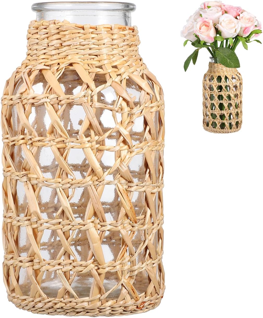 Round Glass Vase Glass Flower Vase Rattan Woven Dried Flower Vase Rustic Flower Bottle Floral Arrangement Holder Floral Container for Home Table Centerpiece Party Decor L Rustic Table Decor