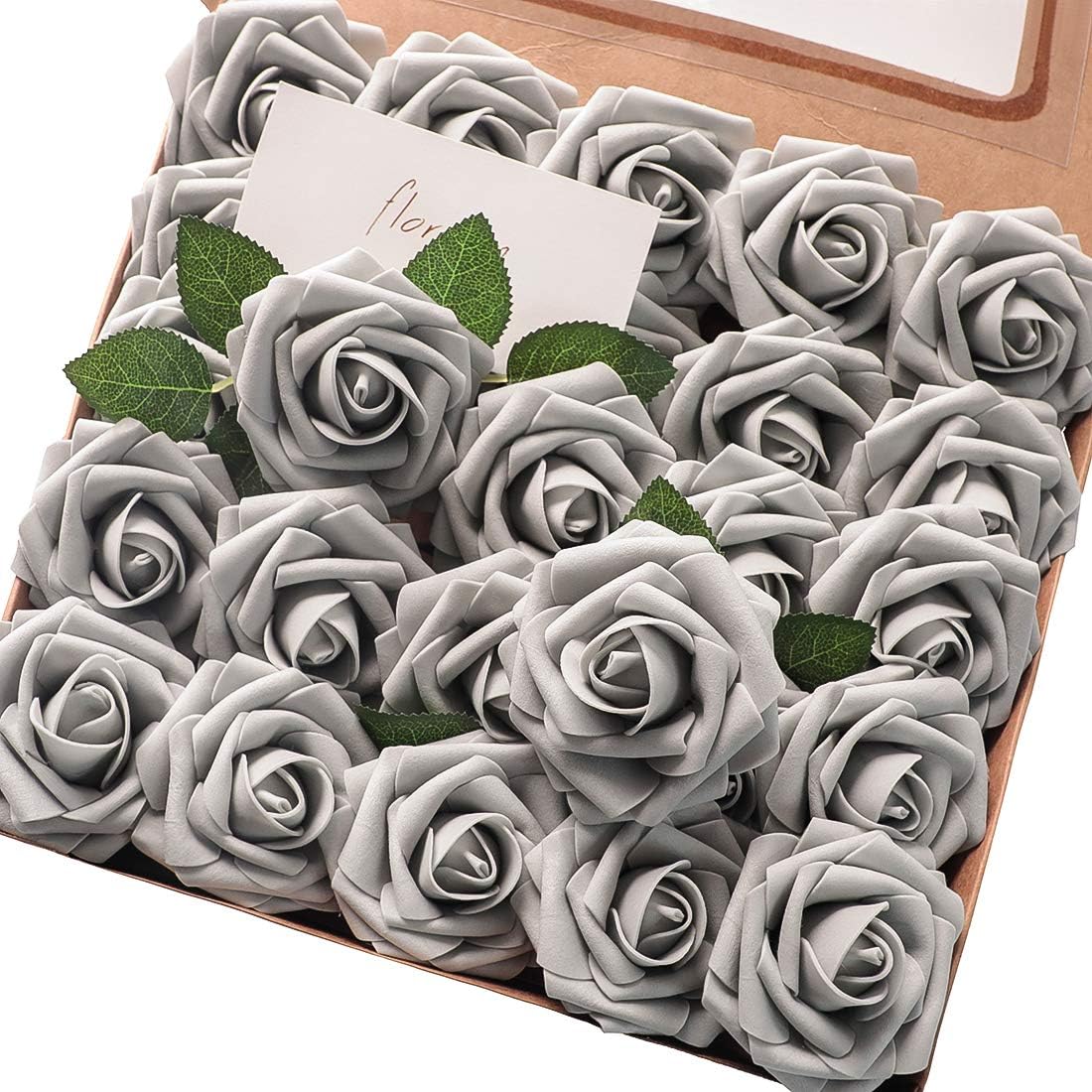 Floroom Artificial Flowers 50pcs Real Looking Ivory Foam Fake Roses with Stems for DIY Wedding Bouquets White Baby Shower Centerpieces Floral Arrangements Party Tables Home Decorations