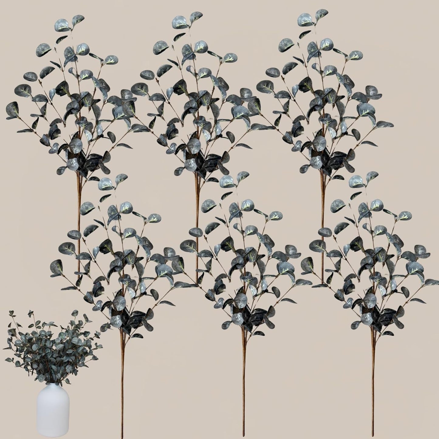 Artificial Silk Flowers Beige 10 Stems + Eucalyptus, Faux Flowers For Vase, Fake Mums Long Stem, Tan Nude Cream Neutral Floral, Chrysanthemum Pom Pom Floral Arrangements, Mini Faux Mums Flower Bulk