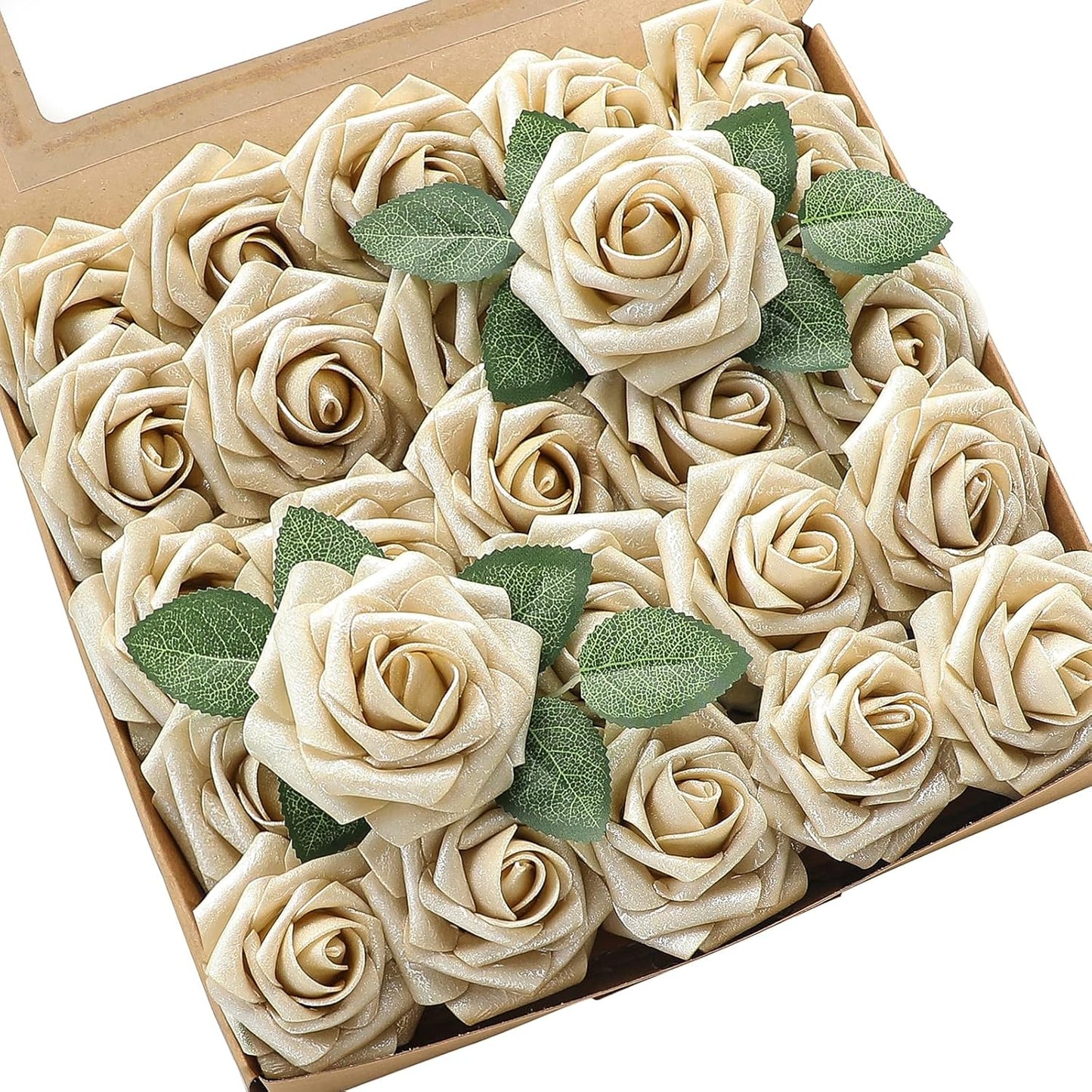Floroom Artificial Flowers 50pcs Real Looking Ivory Foam Fake Roses with Stems for DIY Wedding Bouquets White Baby Shower Centerpieces Floral Arrangements Party Tables Home Decorations