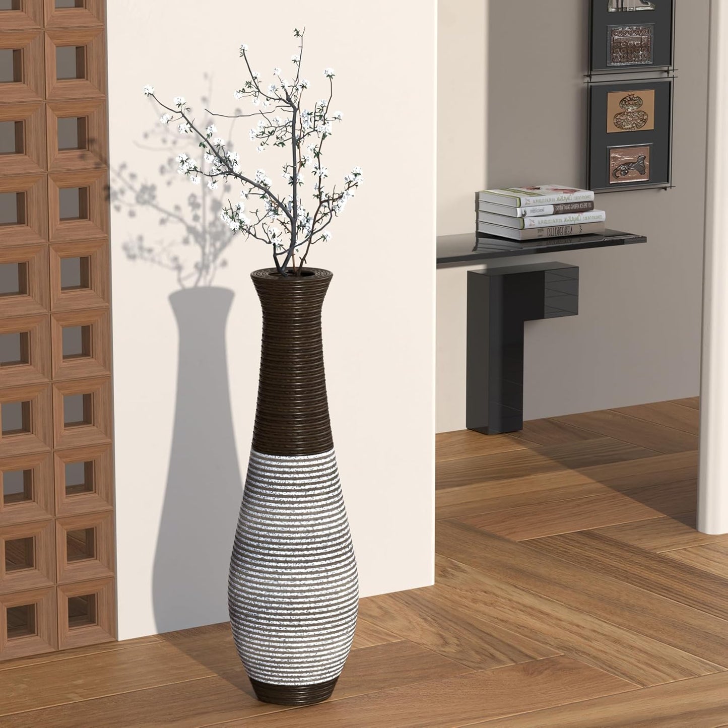 40" Tall Large Rattan Standing Floor Vase Modern Decorative Accent Flower Holder Floor Vase for Living Room Entryway Dining Room Stylish Home Décor Statement Piece (Two-Tone Dark Brown)