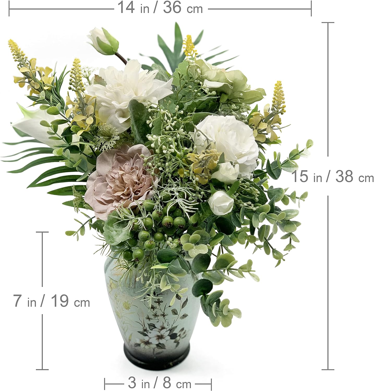 Faux Flowers in Ceramic Vase, Artificial Flower Arrangement Decoration for Home Kitchen Living Dining Room Coffee Table Centerpieces Deco, 15 x 14 inches (Green)