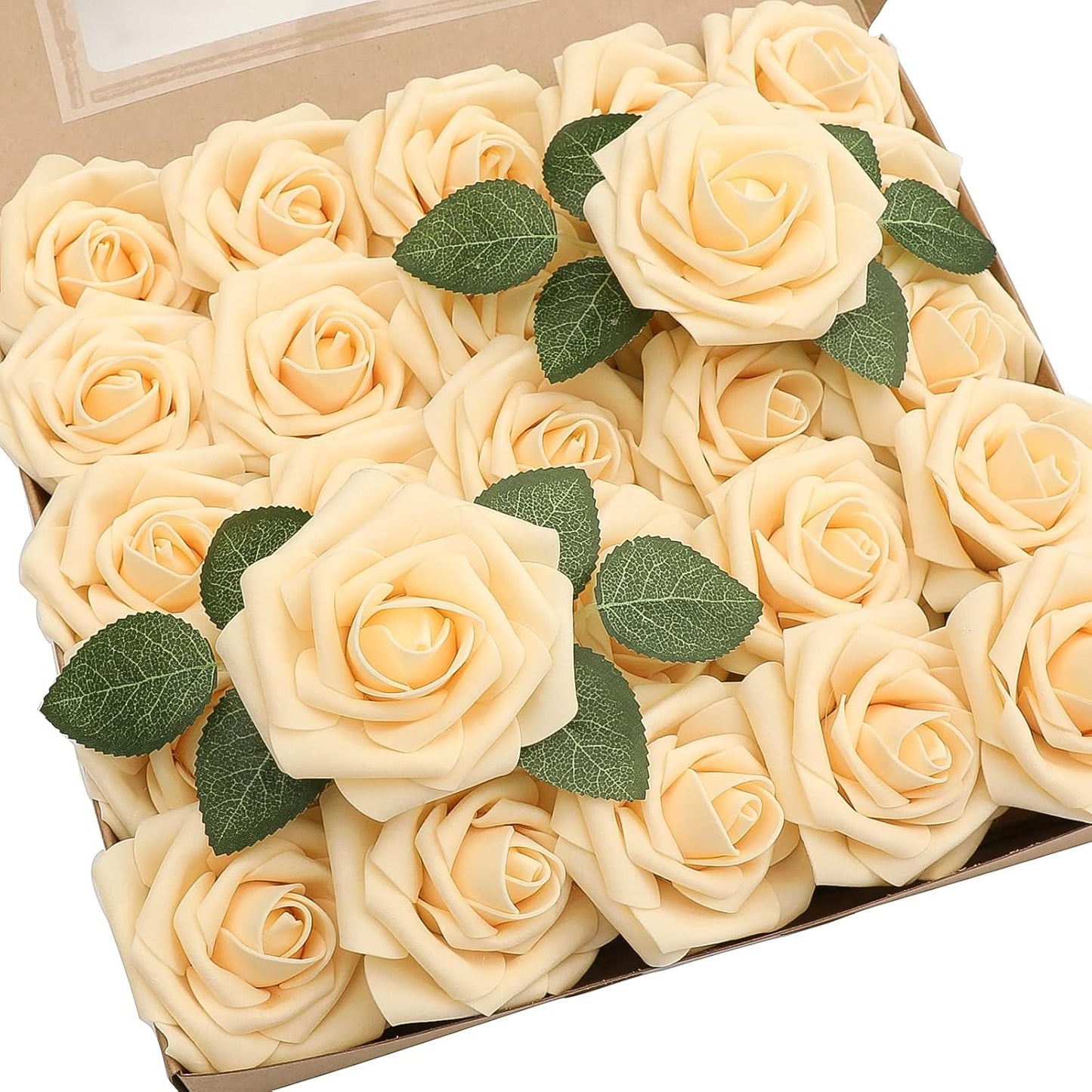 Floroom Artificial Flowers 50pcs Real Looking Ivory Foam Fake Roses with Stems for DIY Wedding Bouquets White Baby Shower Centerpieces Floral Arrangements Party Tables Home Decorations