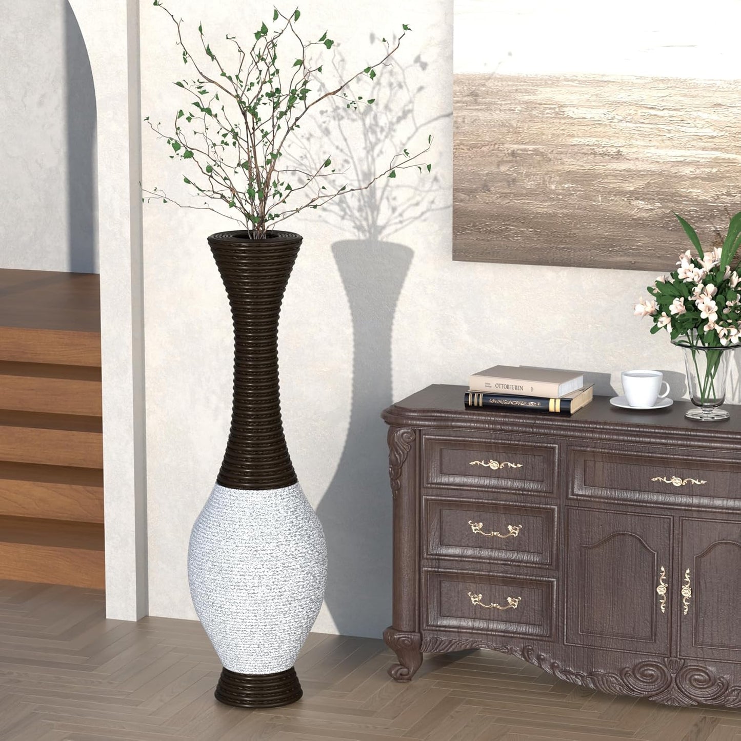 40" Tall Large Rattan Standing Floor Vase Modern Decorative Accent Flower Holder Floor Vase for Living Room Entryway Dining Room Stylish Home Décor Statement Piece (Two-Tone Dark Brown)