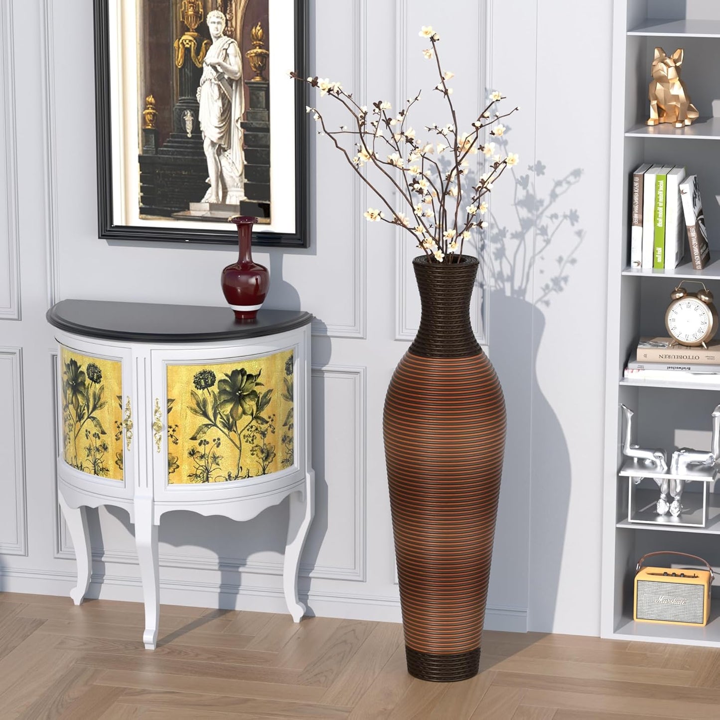 40" Tall Large Rattan Standing Floor Vase Modern Decorative Accent Flower Holder Floor Vase for Living Room Entryway Dining Room Stylish Home Décor Statement Piece (Two-Tone Dark Brown)