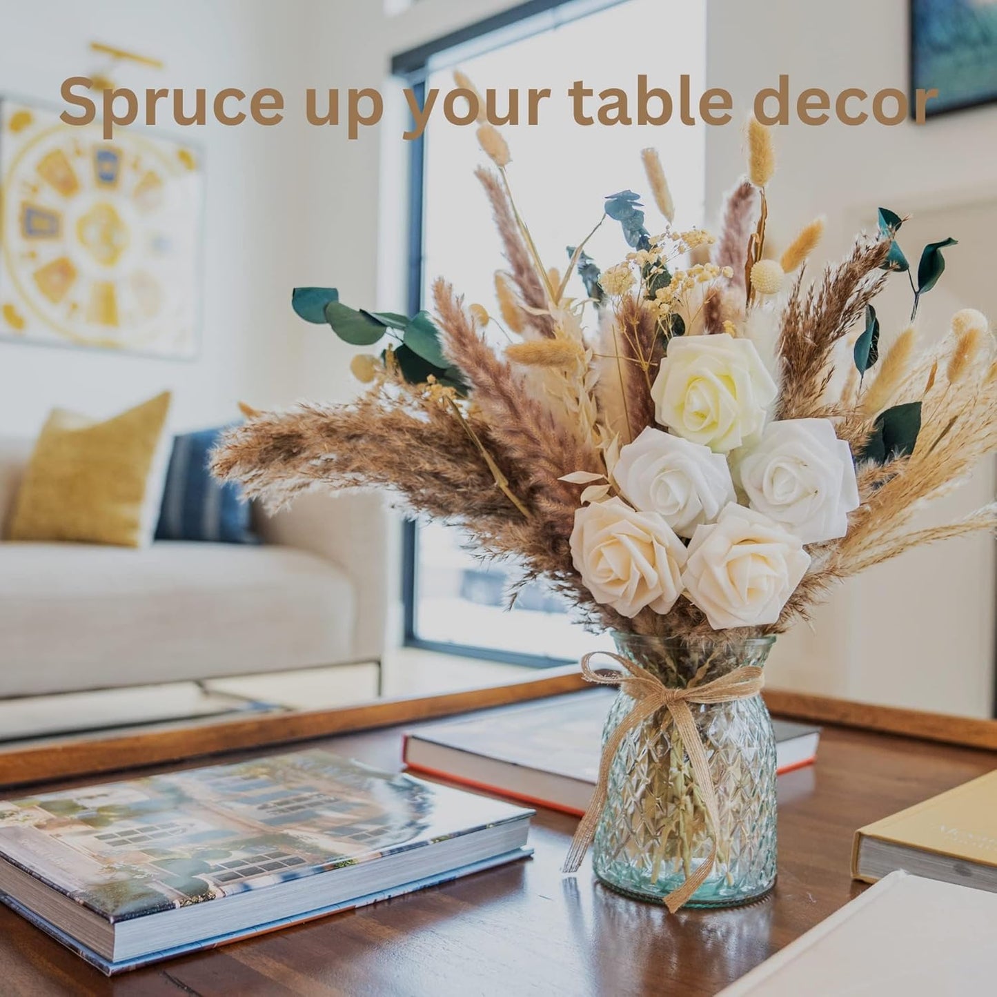 100pcs Artificial Flowers Arrangement With Vase Included, Dining Table Centerpiece Decorations, Fake Flowers in Vase, Dried Pampas Grass Floral Centerpieces, Coffee Table Decor, Centro de Mesa