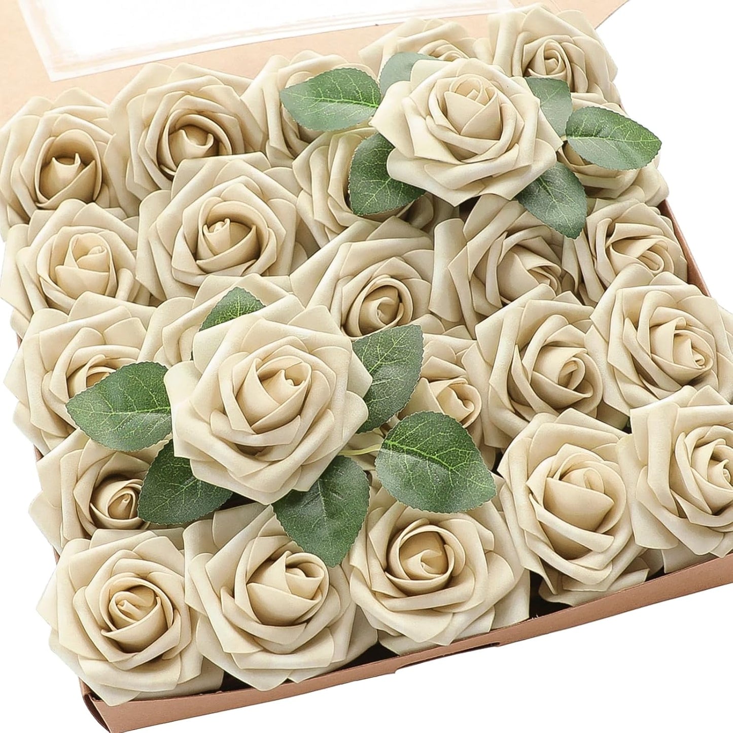 Floroom Artificial Flowers 50pcs Real Looking Ivory Foam Fake Roses with Stems for DIY Wedding Bouquets White Baby Shower Centerpieces Floral Arrangements Party Tables Home Decorations