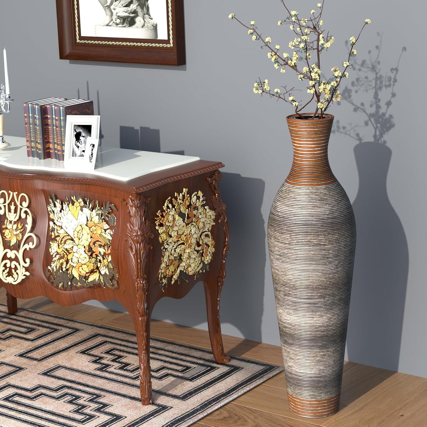 40" Tall Large Rattan Standing Floor Vase Modern Decorative Accent Flower Holder Floor Vase for Living Room Entryway Dining Room Stylish Home Décor Statement Piece (Two-Tone Dark Brown)