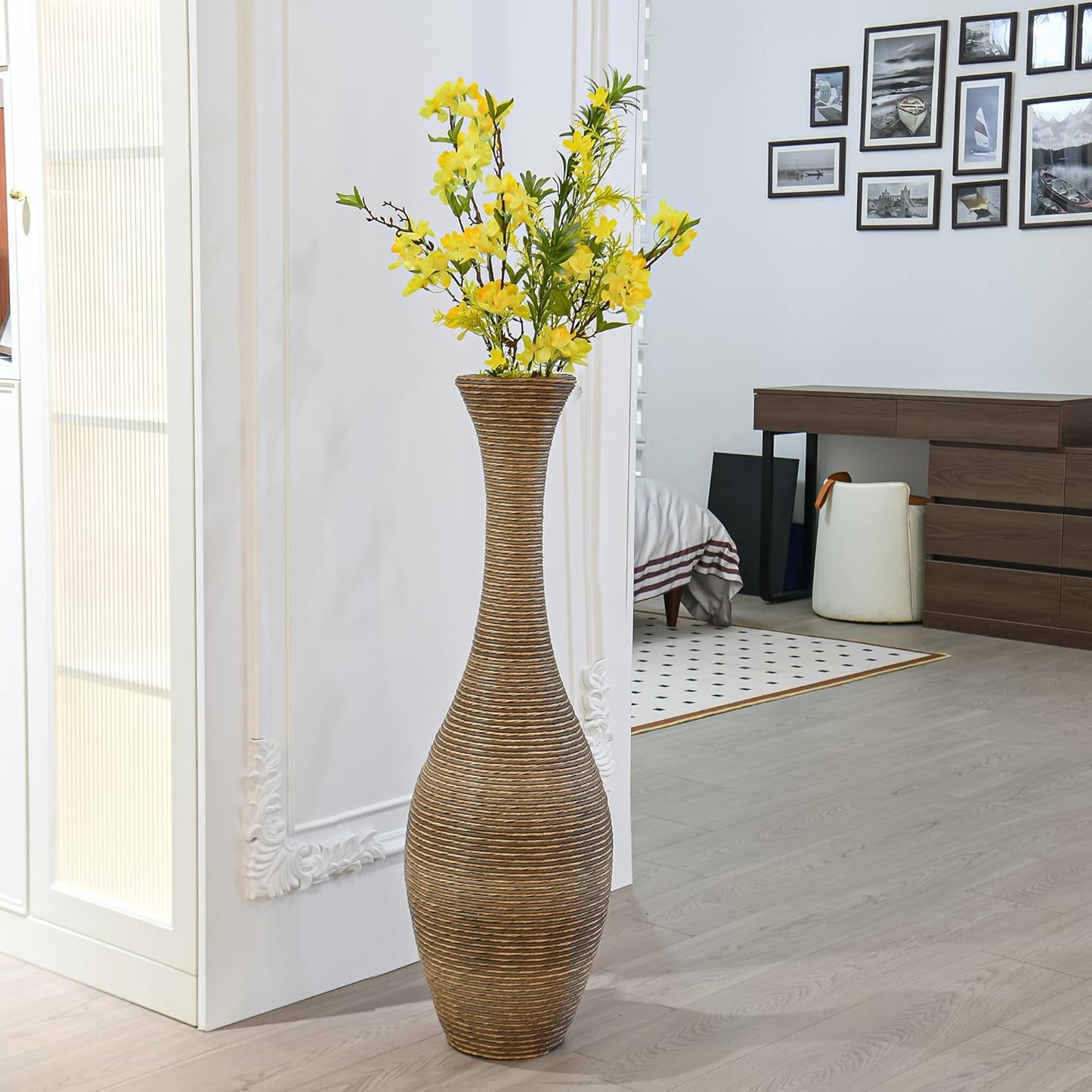 40" Tall Large Rattan Standing Floor Vase Modern Decorative Accent Flower Holder Floor Vase for Living Room Entryway Dining Room Stylish Home Décor Statement Piece (Two-Tone Dark Brown)
