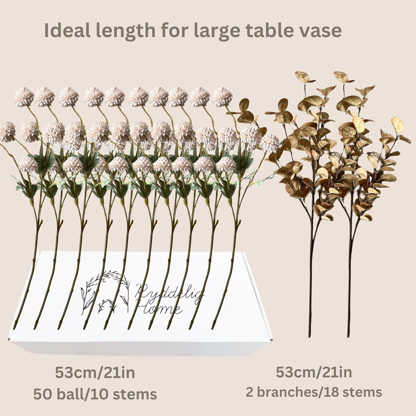 Artificial Silk Flowers Beige 10 Stems + Eucalyptus, Faux Flowers For Vase, Fake Mums Long Stem, Tan Nude Cream Neutral Floral, Chrysanthemum Pom Pom Floral Arrangements, Mini Faux Mums Flower Bulk