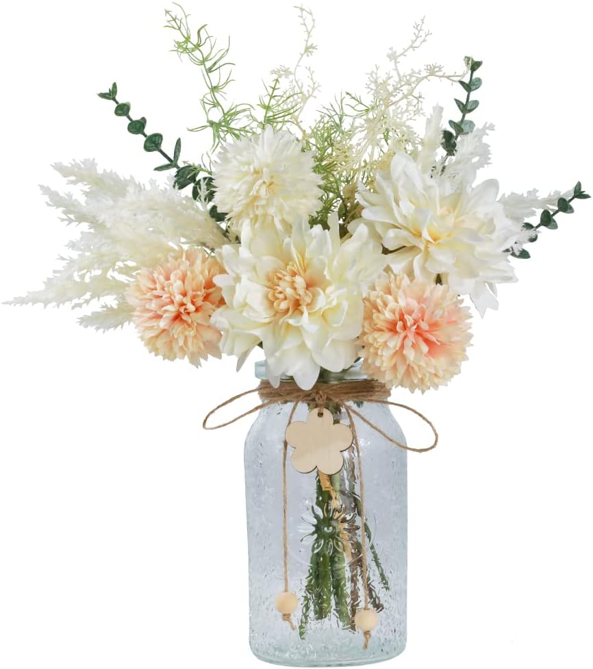Silk Flowers in Vase, Artificial Flowers with Vase Fake Flowers Arrangement Faux Dahlia for Decoration Table Centerpiece (Dahlia)