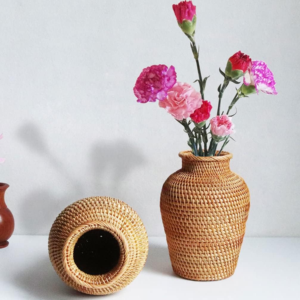 Wicker Flower Basket Vase Rustic Rattan Plant Holder Basket Woven Straw Dried Flower Vase Country Style Decorative Vase French Tall Floor Vase for Bathroom Bedroom Living Room