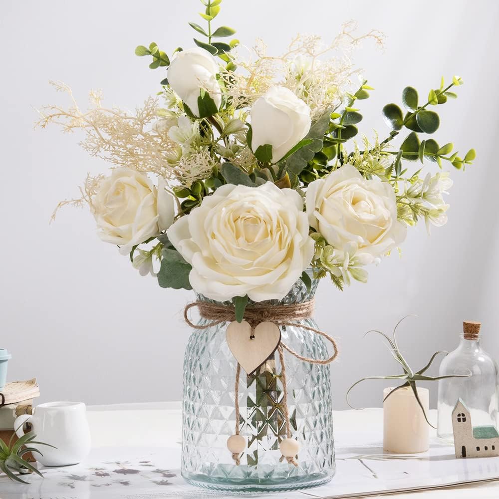 Silk Flowers in Vase, Artificial Flowers with Vase Fake Flowers Arrangement Faux Dahlia for Decoration Table Centerpiece (Dahlia)