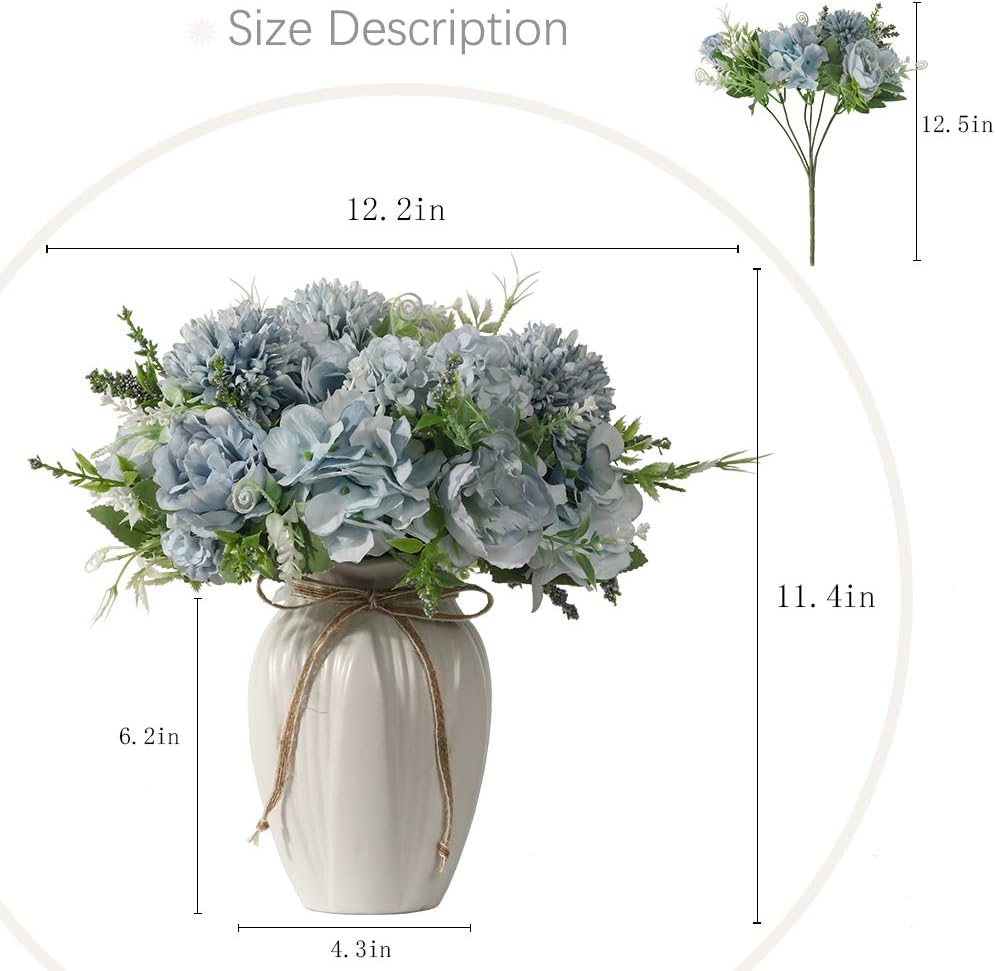 Peonies Artificial Flowers in Vase, Fake Hydrangea Silk Peony Flower Bouquet with Vase Faux Flowers Arrangement Decor Home Table Dining Room (Blue)