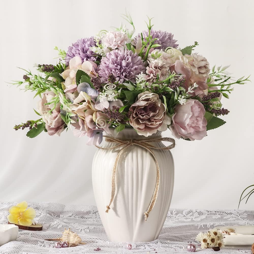 Peonies Artificial Flowers in Vase, Fake Hydrangea Silk Peony Flower Bouquet with Vase Faux Flowers Arrangement Decor Home Table Dining Room (Blue)