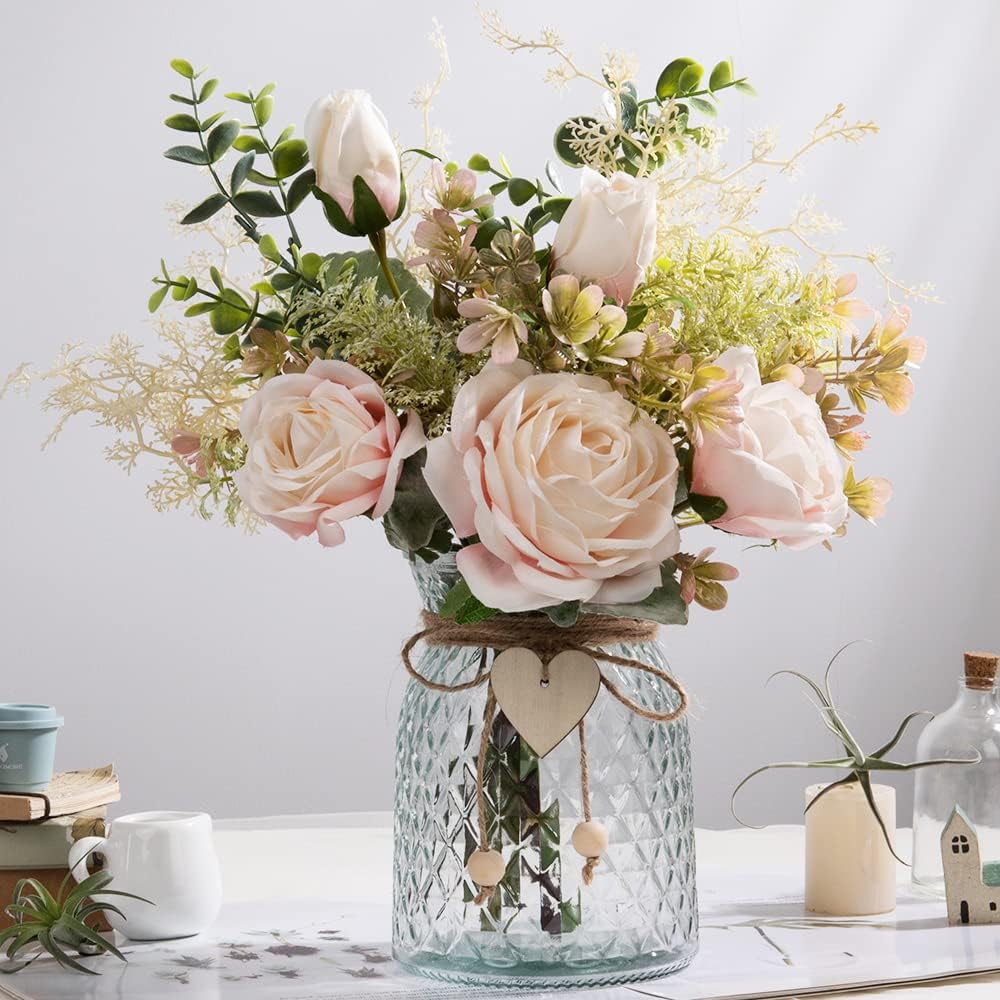 Silk Flowers in Vase, Artificial Flowers with Vase Fake Flowers Arrangement Faux Dahlia for Decoration Table Centerpiece (Dahlia)