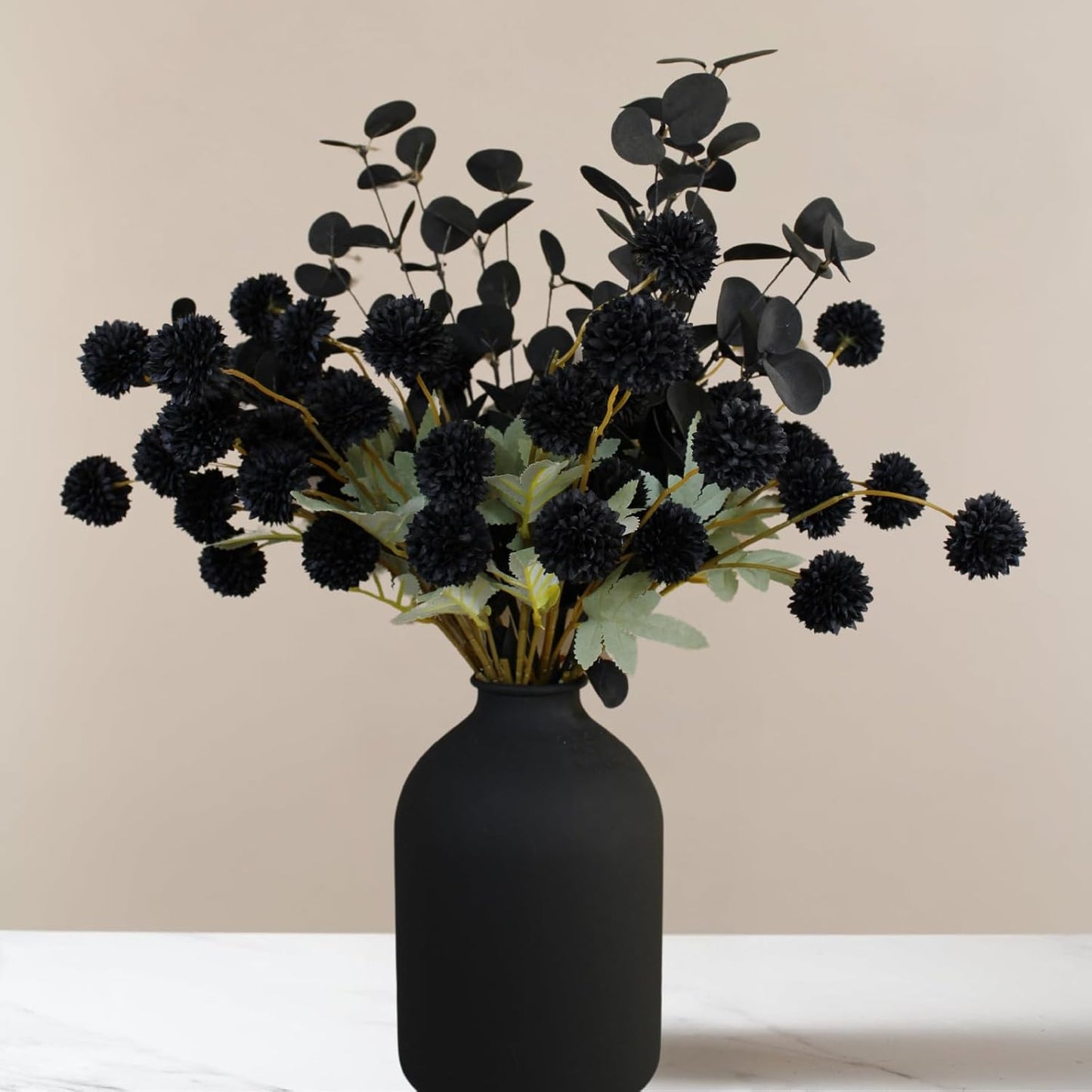 Artificial Silk Flowers Beige 10 Stems + Eucalyptus, Faux Flowers For Vase, Fake Mums Long Stem, Tan Nude Cream Neutral Floral, Chrysanthemum Pom Pom Floral Arrangements, Mini Faux Mums Flower Bulk