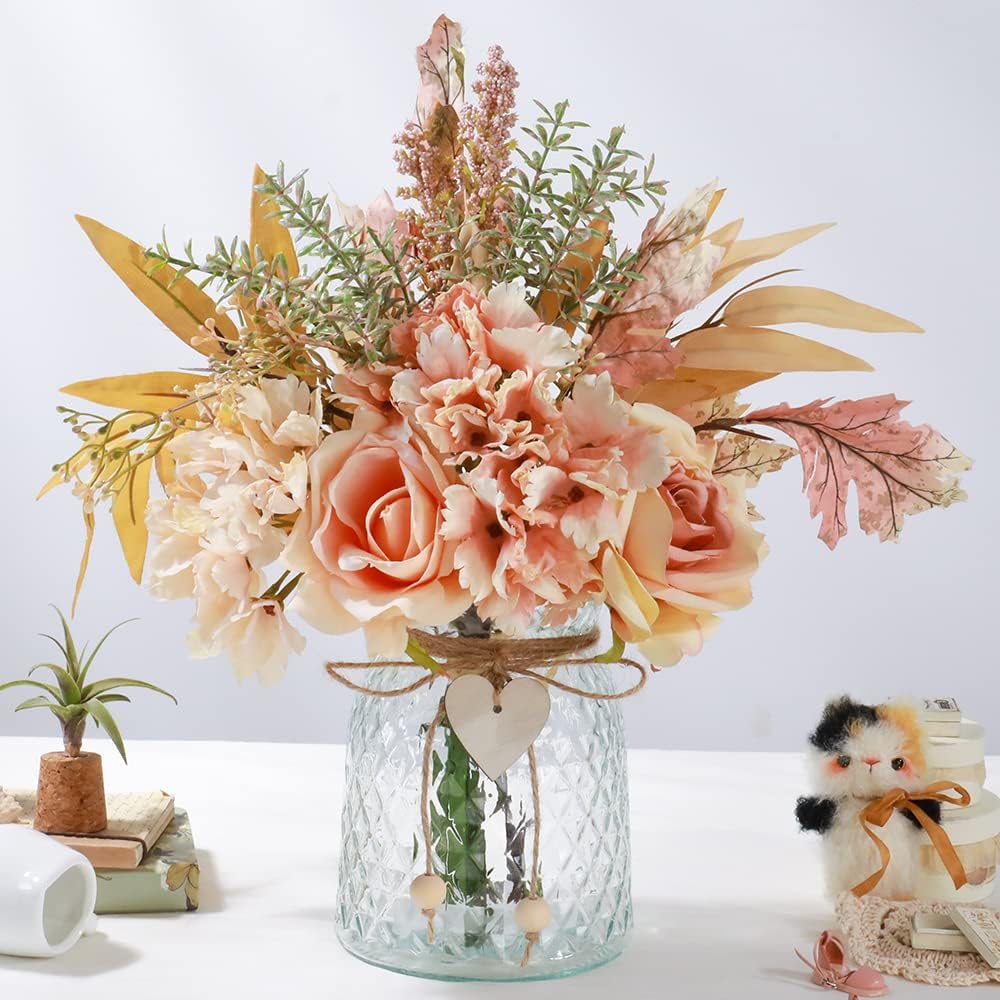 Silk Flowers in Vase, Artificial Flowers with Vase Fake Flowers Arrangement Faux Dahlia for Decoration Table Centerpiece (Dahlia)
