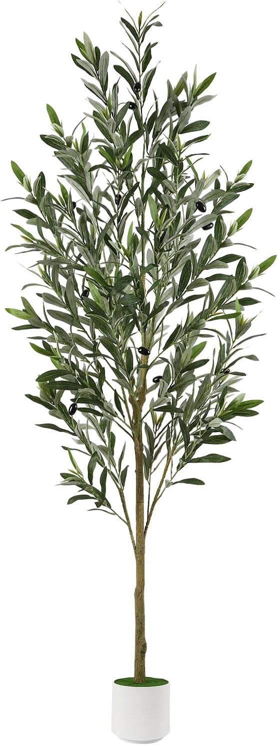 6FT Artificial Olive Trees, Faux Silk Plant with Lively Artifical Trunk and Lifelike Fruits, Indoor Fake Potted Tree with White Planter for Modern Home Office Living Room Decor