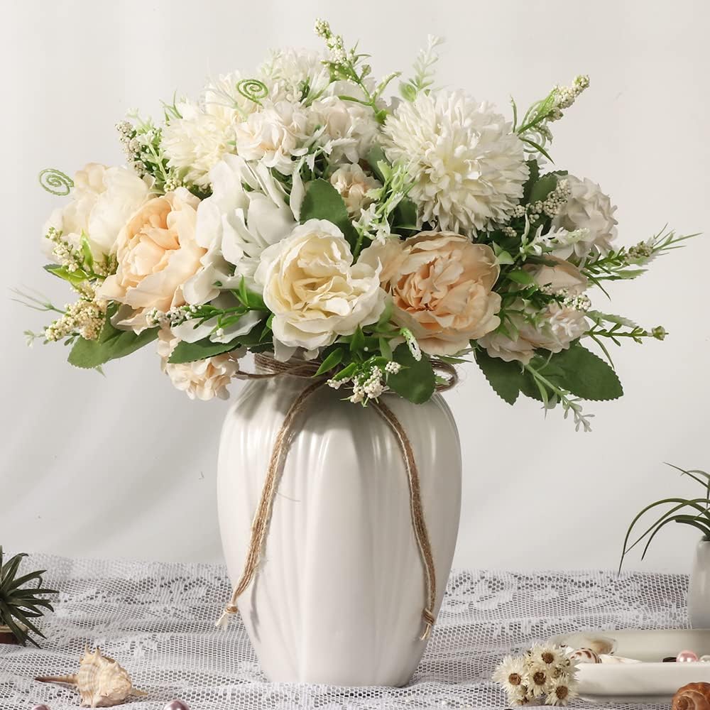 Peonies Artificial Flowers in Vase, Fake Hydrangea Silk Peony Flower Bouquet with Vase Faux Flowers Arrangement Decor Home Table Dining Room (Blue)