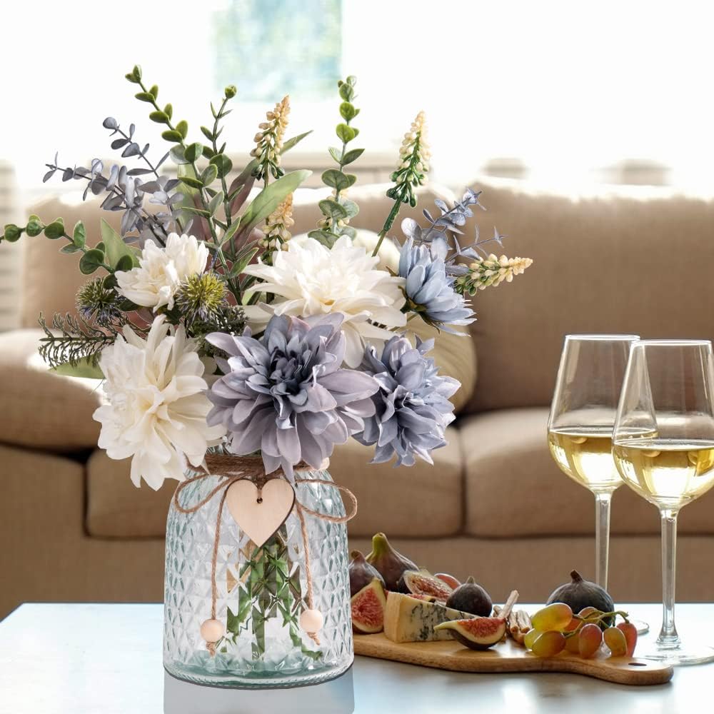 Silk Flowers in Vase, Artificial Flowers with Vase Fake Flowers Arrangement Faux Dahlia for Decoration Table Centerpiece (Dahlia)