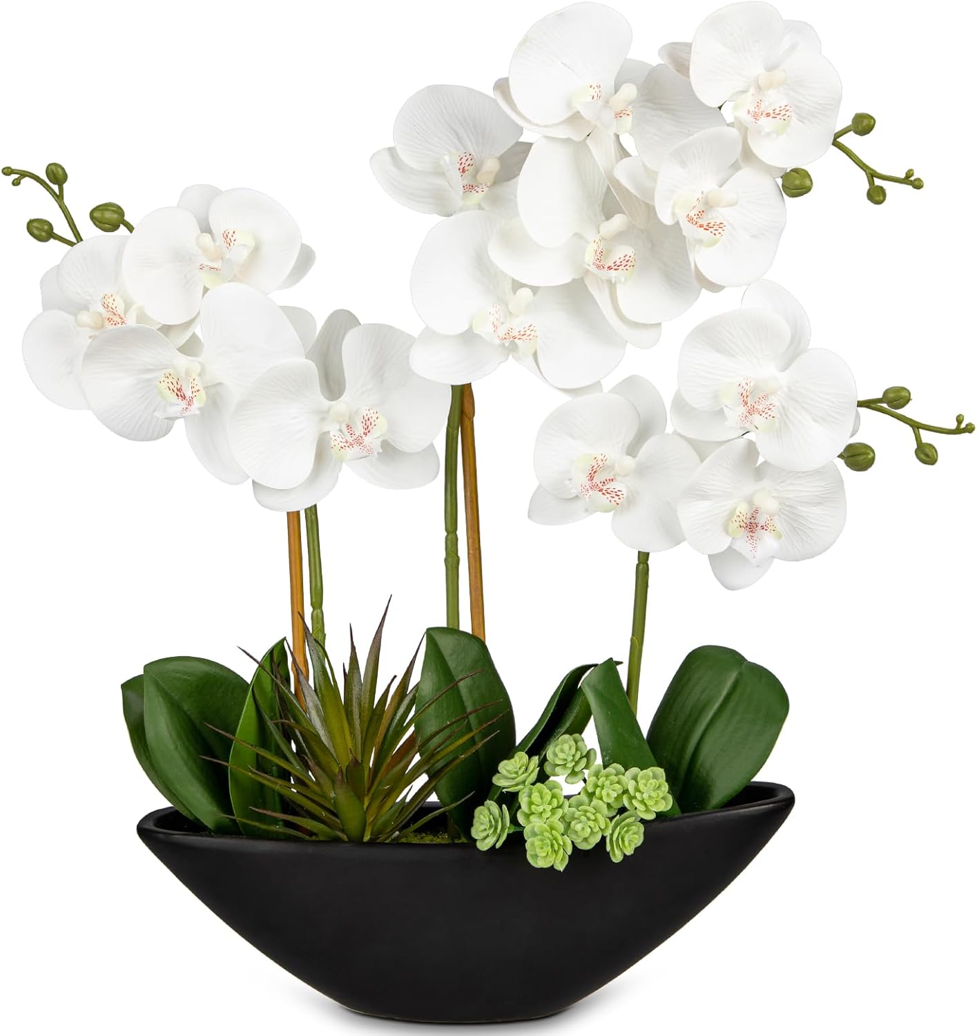 Briful Orchid Artificial Flowers 18in White Fake Orchid Silk Flowers with Ceramic Pot Faux Orchid Arrangement for Home Office Room Coffee Table Centerpiece Modern Decoration